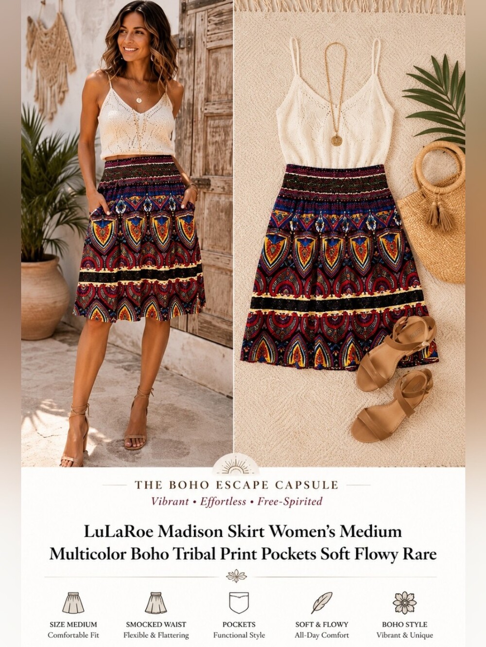 LuLaRoe Madison Skirt Women's Boho Tribal Multicolor Pockets, Flowy, Soft Medium